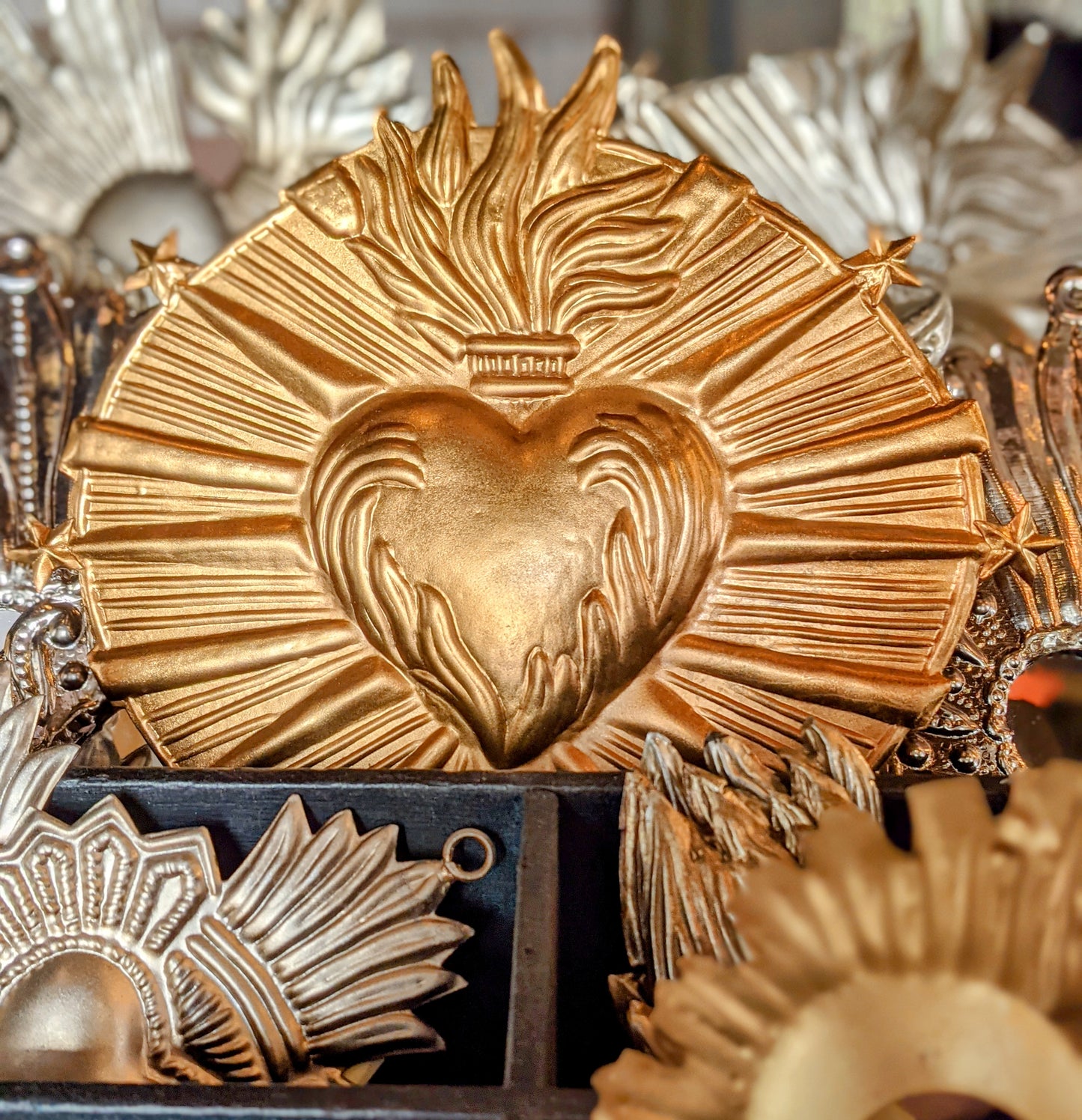 Brass heart crown of thorns and flames